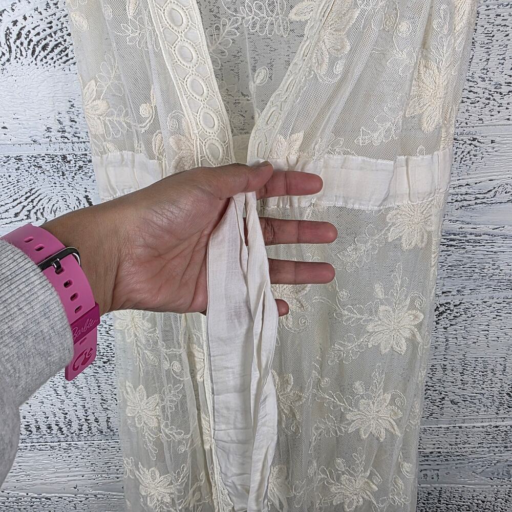 LulaVida Collective Ivory Floral Sheer Lace Kimono Duster Sz S Romantic Bohemian - Picture 4 of 7